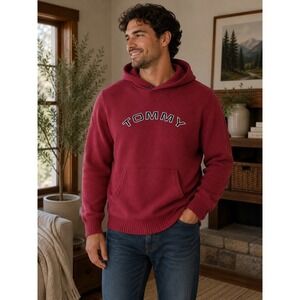 Tommy Hilfiger Y2K Knit Hoodie Sweater Spellout Red Cotton L